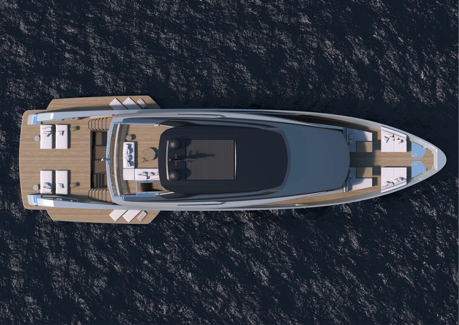 Top-down view of a luxury yacht sailing on the ocean, displaying multiple decks with lounge chairs, seating areas, and a shaded section.