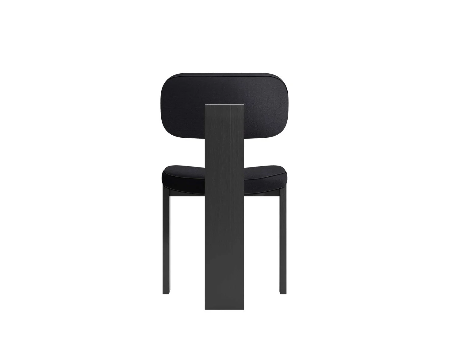 Black modern chair with a rectangular backrest, padded seat, and a central vertical support.