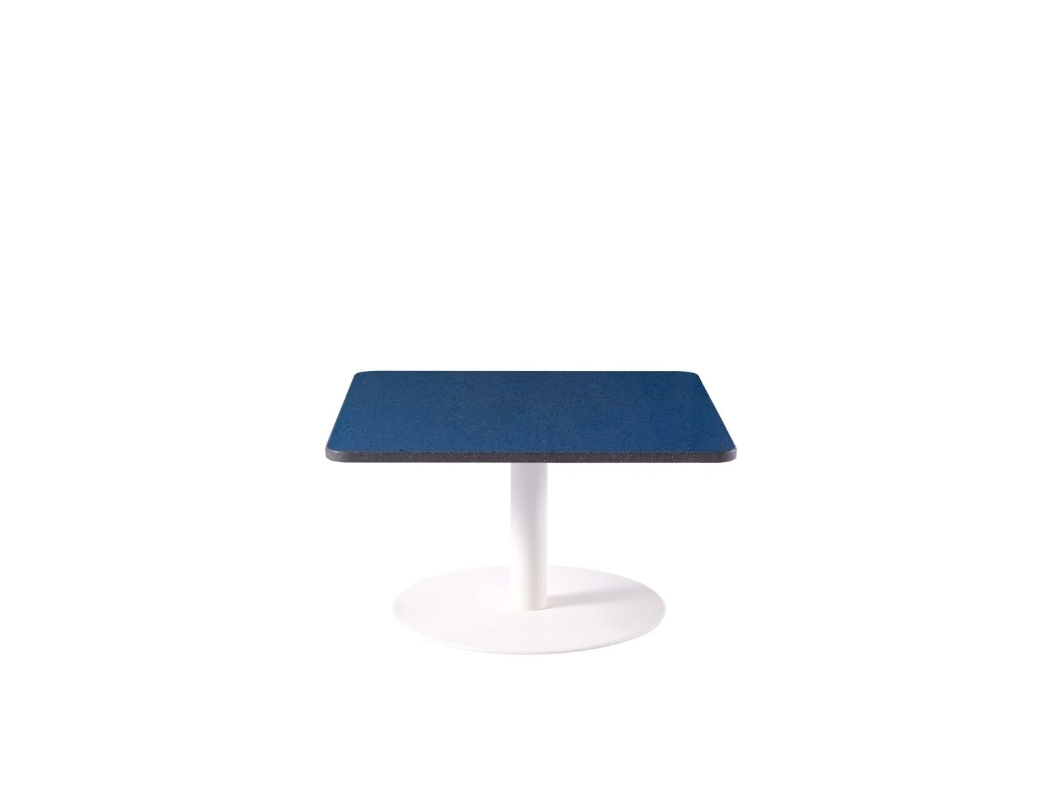 A modern square table with a dark blue top and white base against a plain white background.