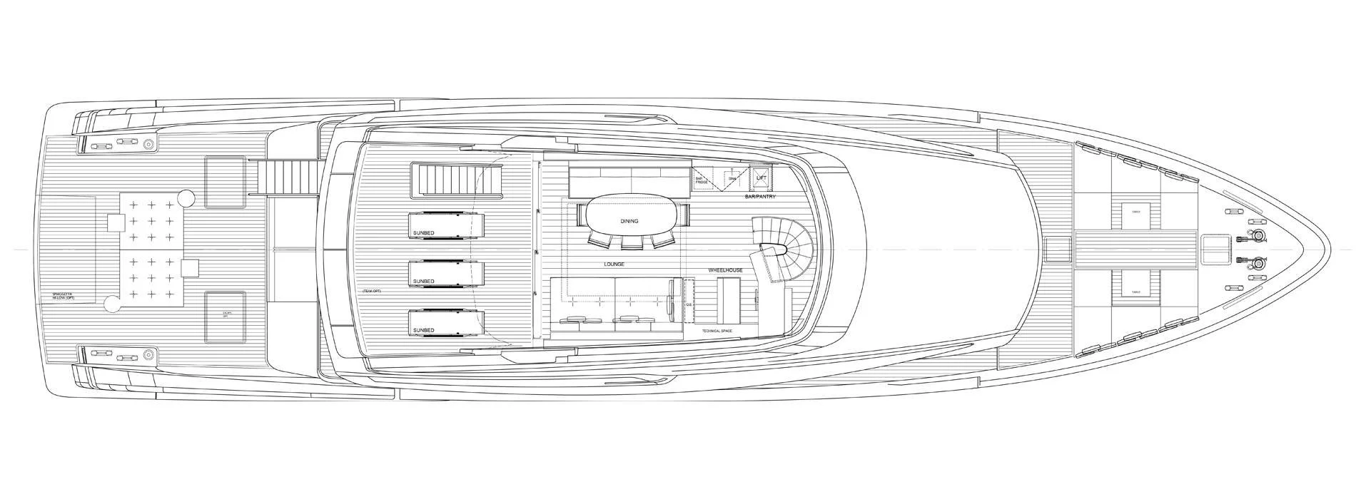 Top-down line drawing of a yacht with various labeled outdoor and indoor areas including sunbeds, lounge, dining area, bar/pantry, technical space, and storage.