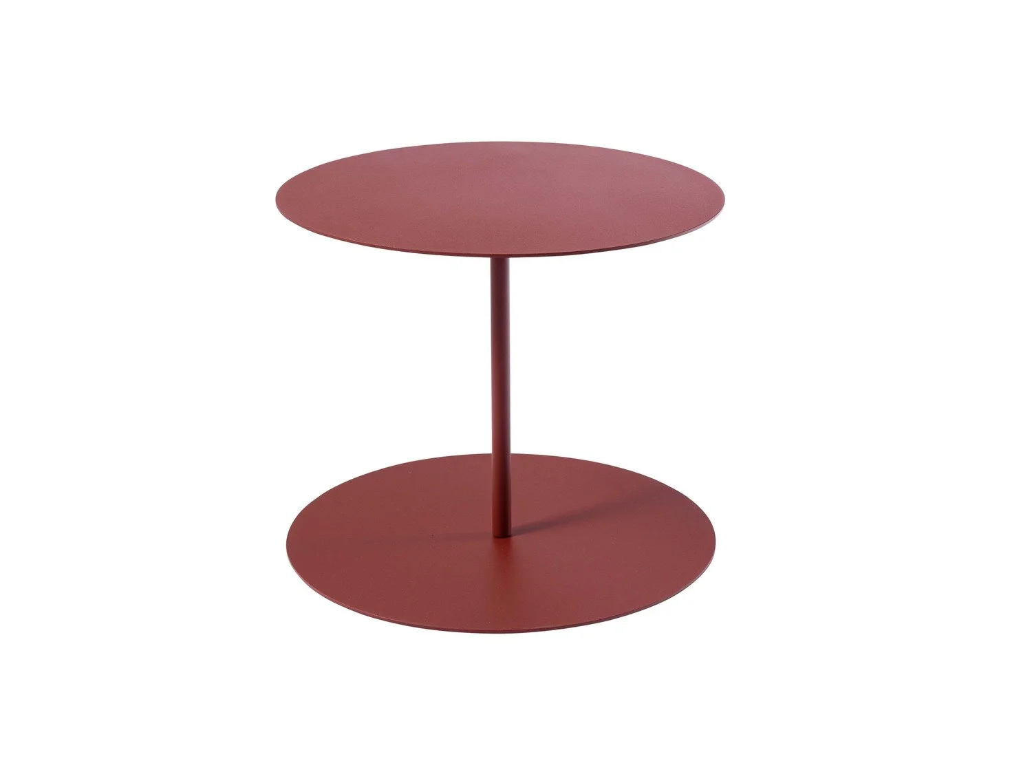 A modern two-tier round side table with a monochromatic reddish-brown finish, featuring a circular top and bottom connected by a single central support.