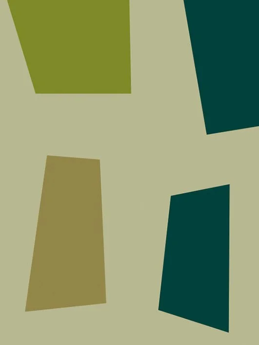 Abstract artwork with irregular green, beige, and dark teal shapes on a light beige background.