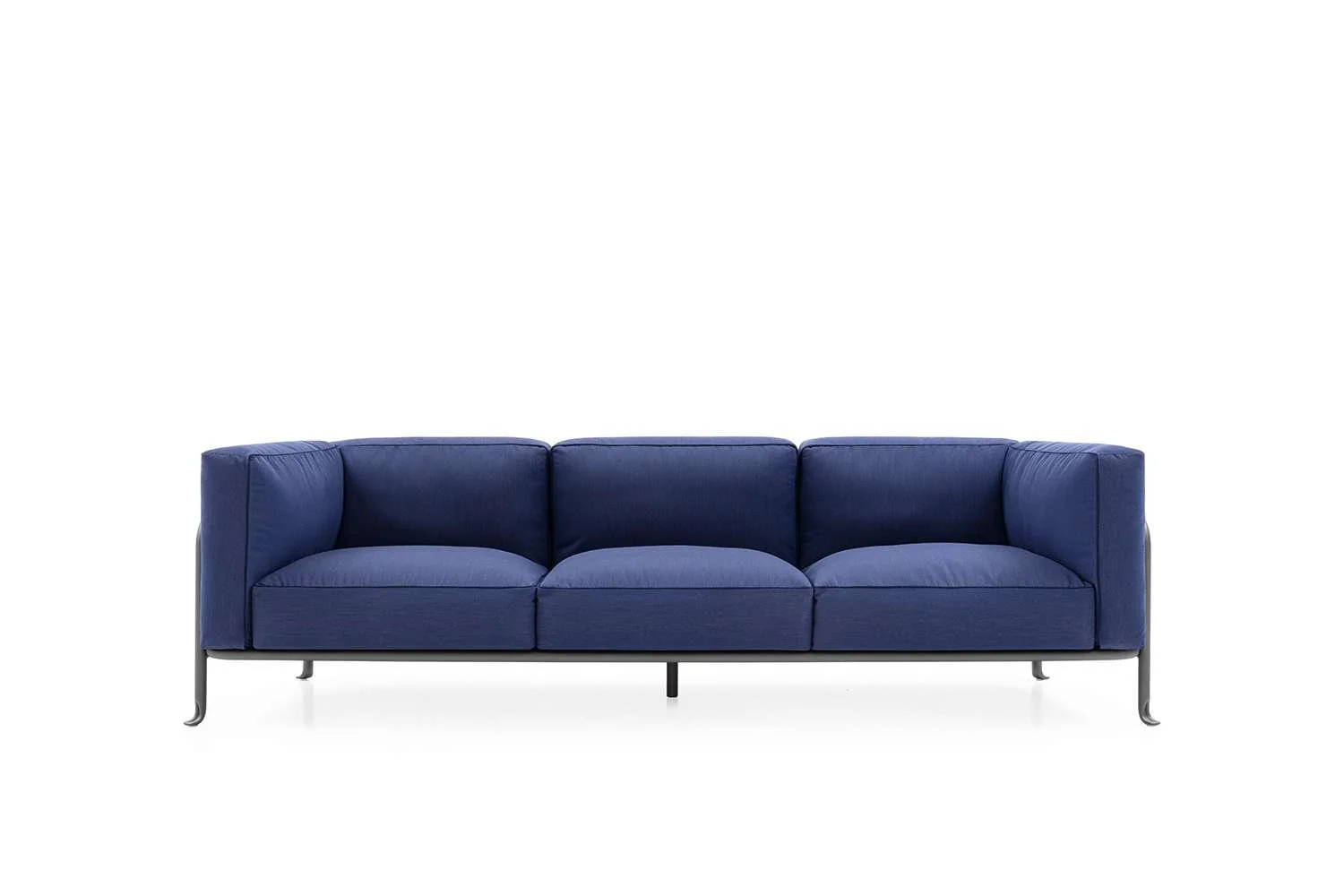 Blue modern sofa with metal legs against a plain white background.