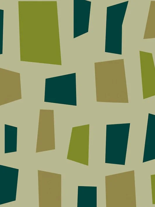 Abstract pattern of irregular green, blue, and beige rectangular shapes on a light background.