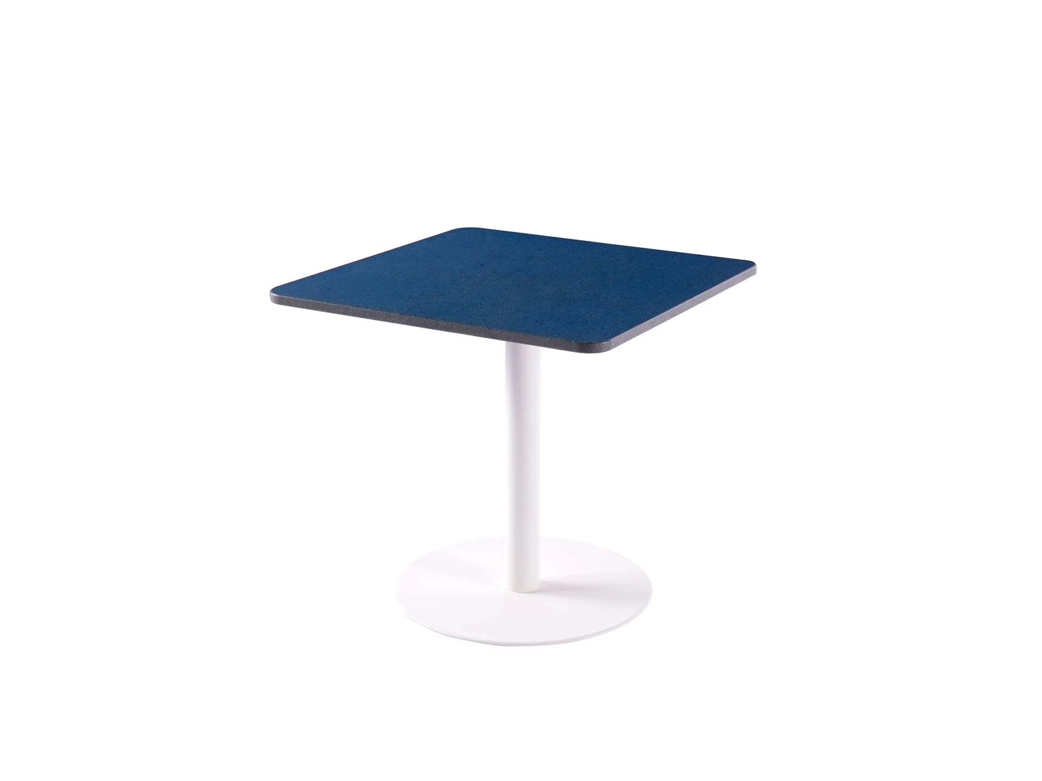 Small table with a dark blue square top and a white stand and base, isolated on a white background.