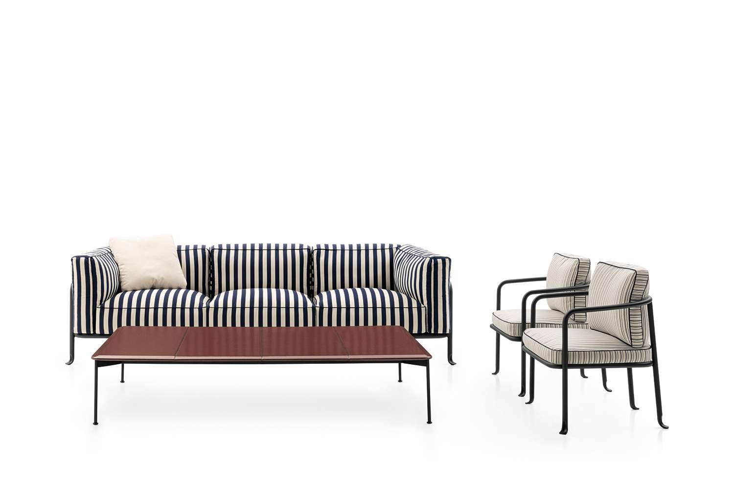 A modern living room set with a striped navy and white sofa, two striped armchairs, and a rectangular wooden coffee table on a white background.