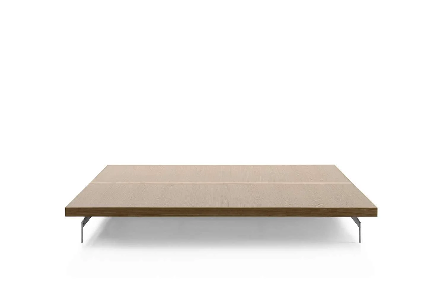A modern, minimalist wooden platform bed frame with a natural wood finish, low-profile design, thin metal legs, and a clean, simple aesthetic.