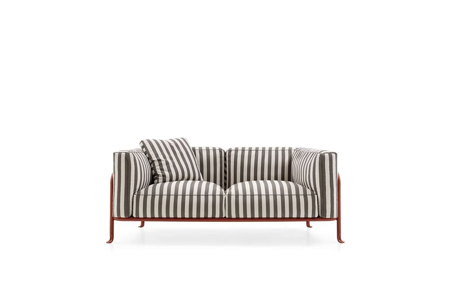 Striped sofa with cushions against a white background.