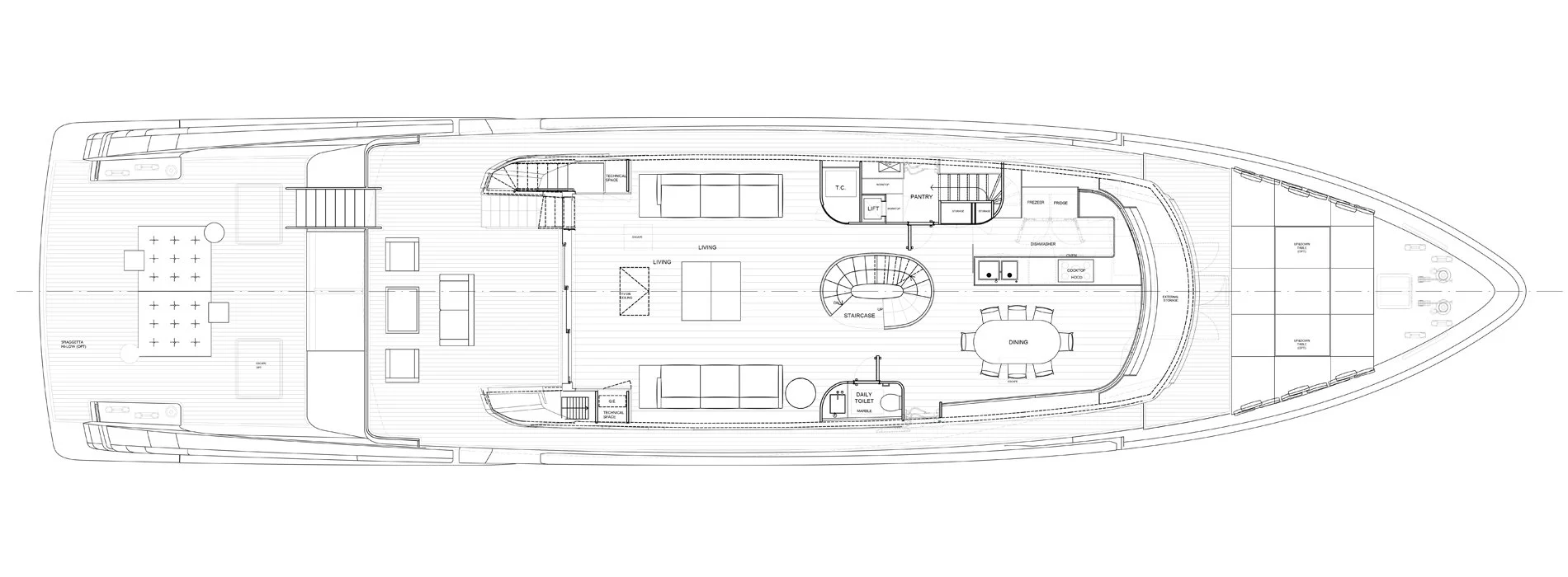 Blueprint of a yacht interior layout showing various rooms and areas, including living spaces, dining area, kitchen, and staircases.