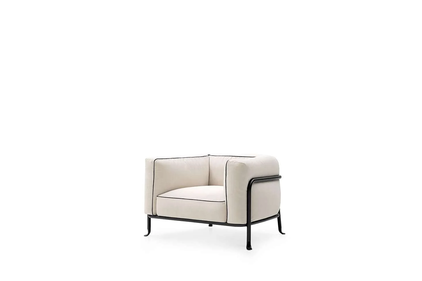 A modern, cream-colored armchair with black metal legs and piping, isolated on a white background.