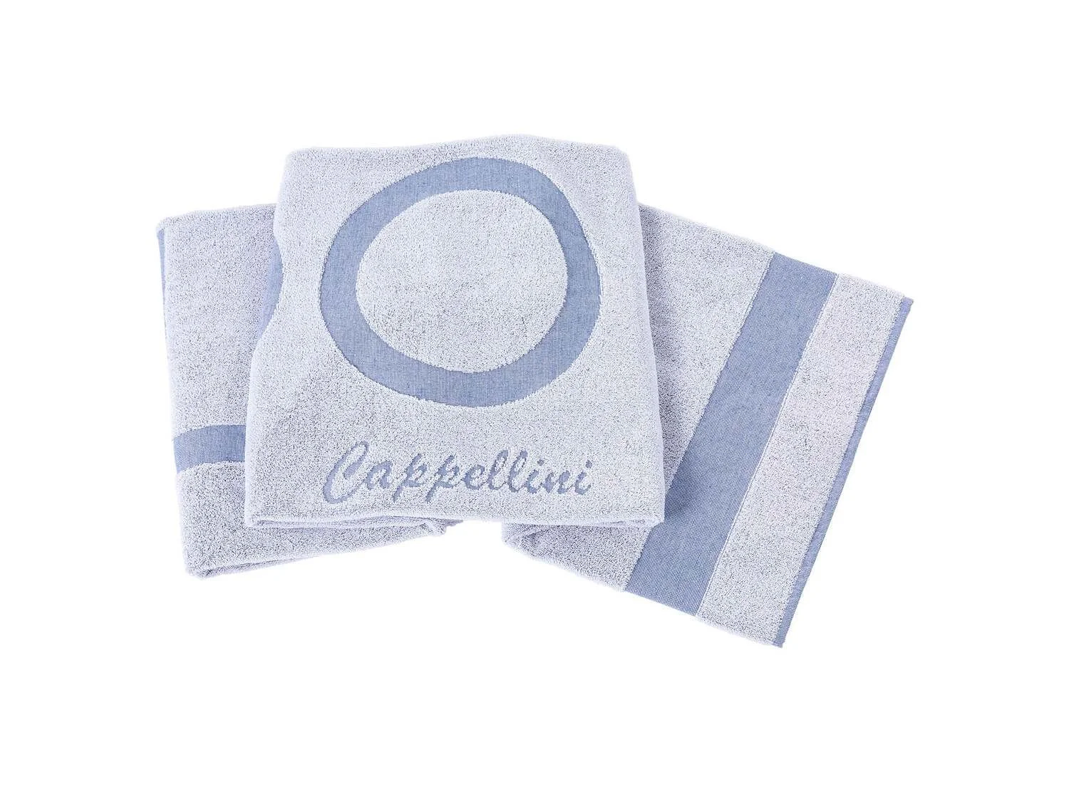 Three white towels with light blue stripes and the brand name 'Cappellini' embroidered, arranged on a white background.