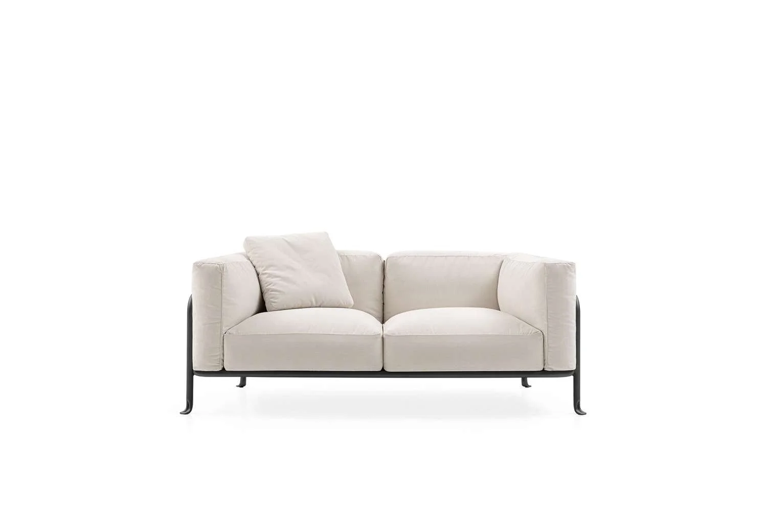 A white sofa with black metal legs and a matching white cushion on a white background.