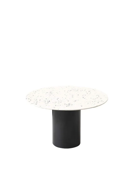 Modern round white marble-top table with a cylindrical black base.