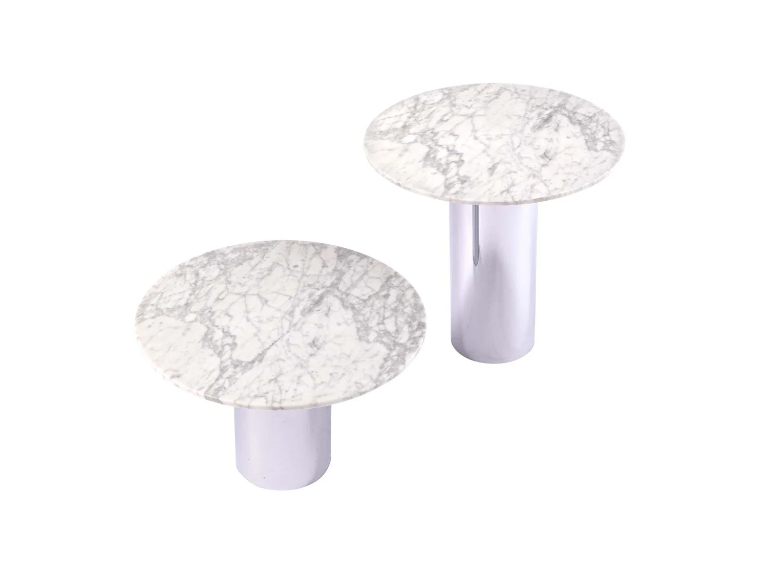 Two white marble-top side tables with cylindrical white bases, one positioned higher than the other, on a white background.