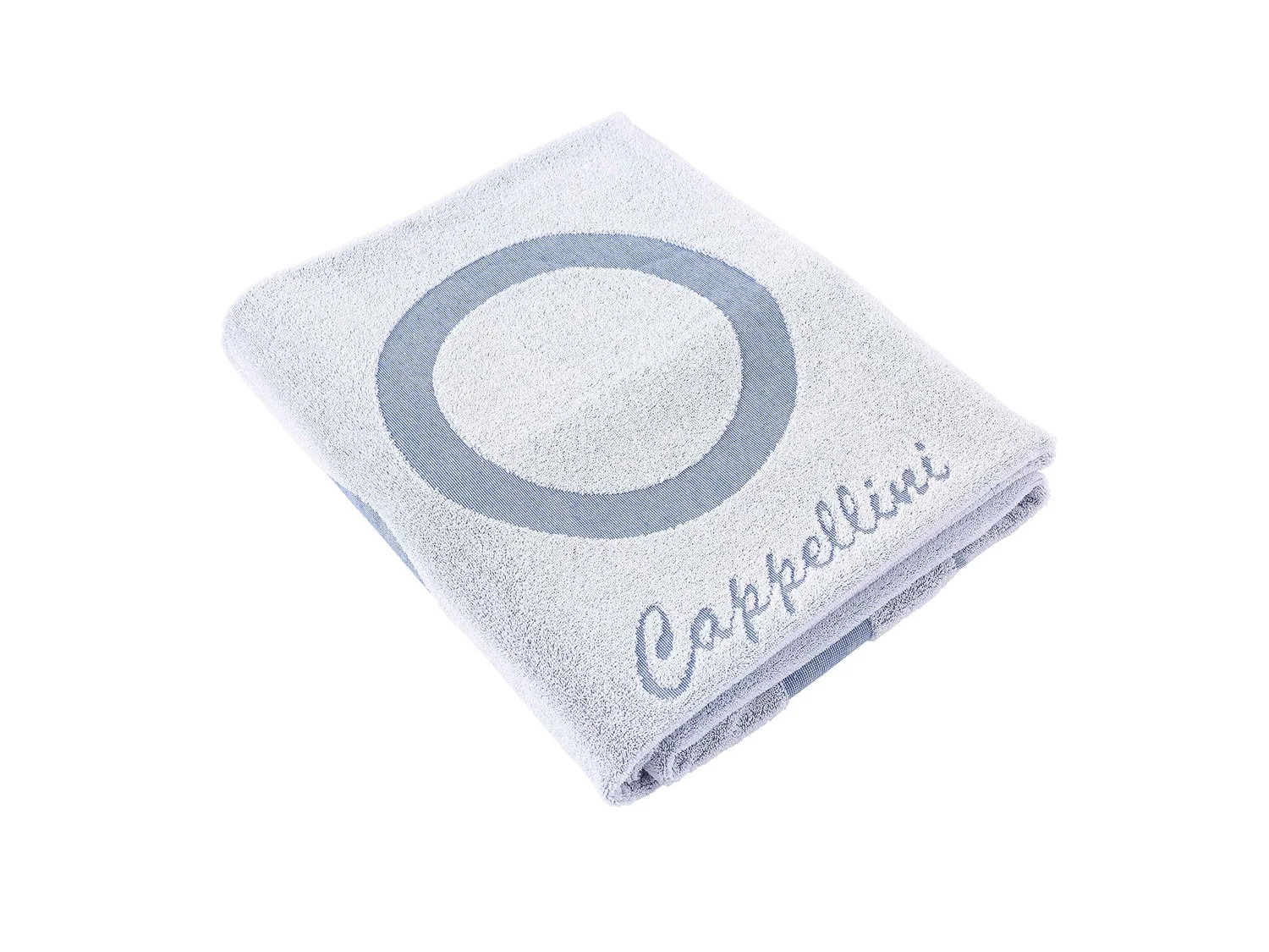 A folded white towel with a blue circular design and the word "Călărețeasa" embroidered on it.