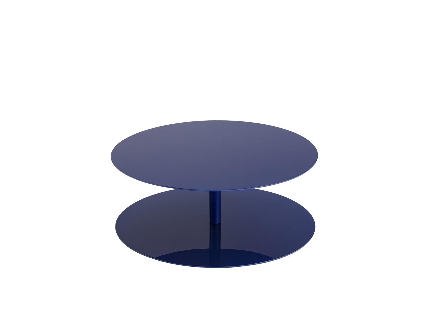 Two round navy blue tables stacked vertically with a central support