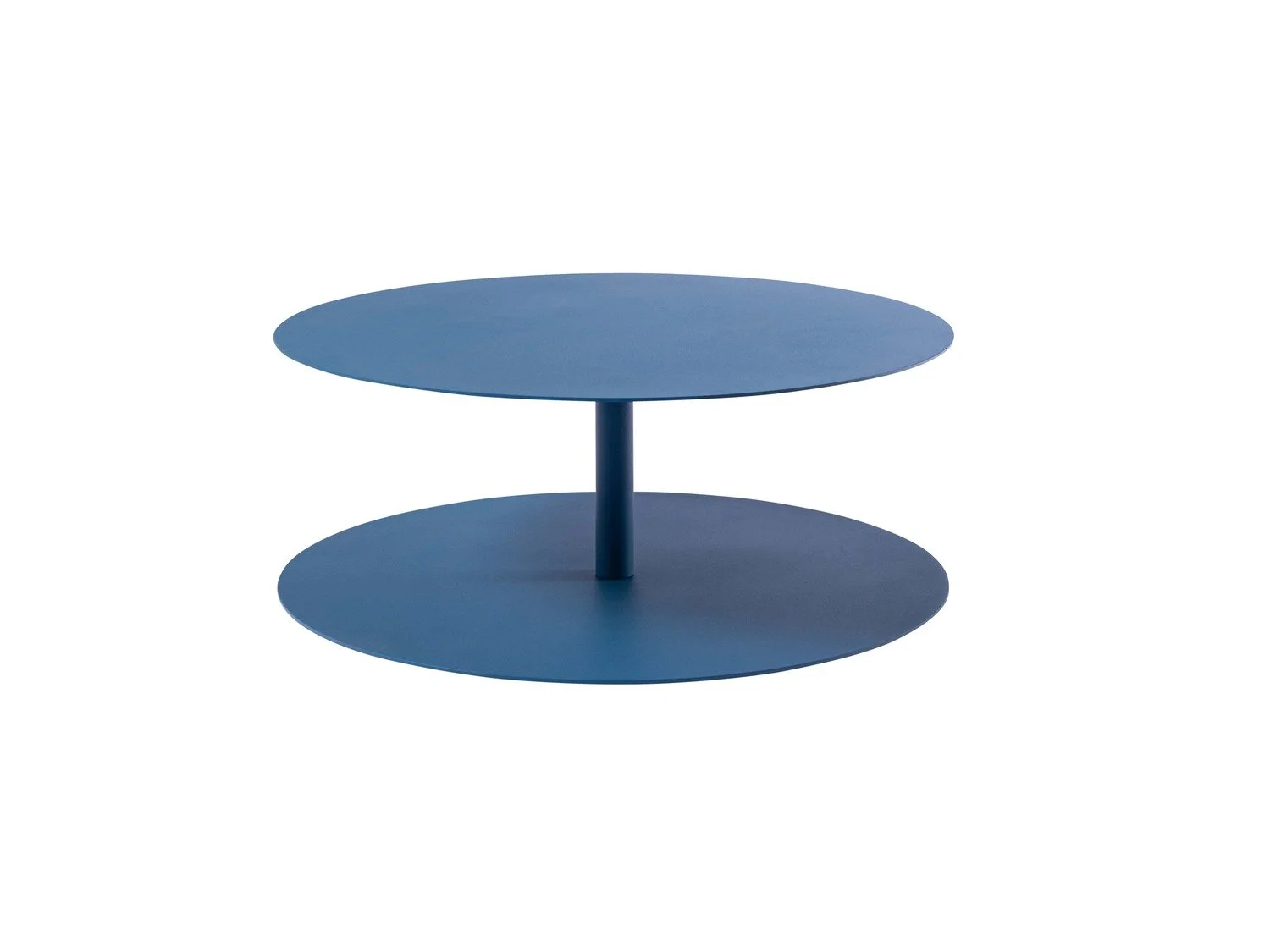 Two-tier blue round side table with a cylinder support in the center, set against a plain white background.