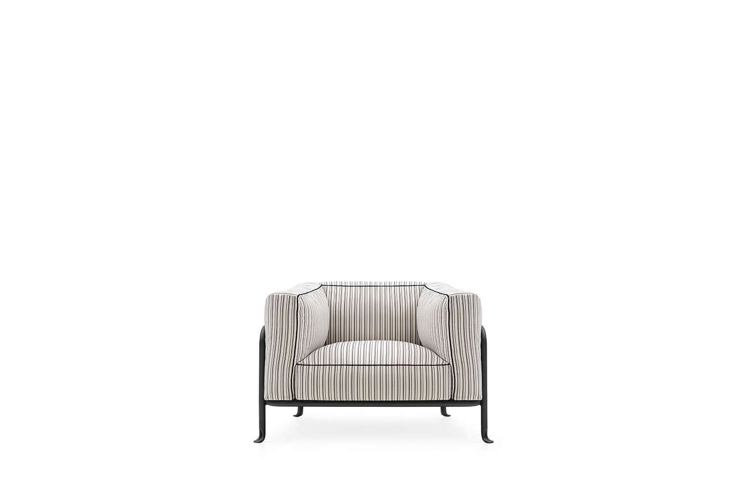 Striped beige and black armchair with black metal legs on a plain white background.