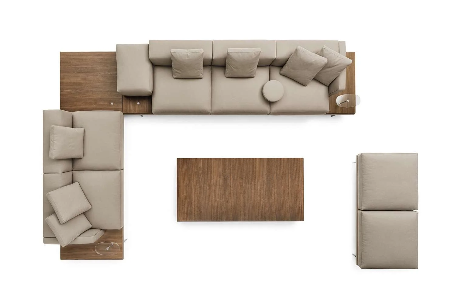 Top-down view of a modern living room arrangement featuring a beige sectional sofa with pillows, a matching armchair, and two beige ottomans, with a wooden coffee table in the center, all on a white background.