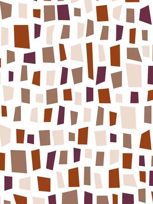 Abstract pattern of irregular rectangles and trapezoids in shades of brown, beige, and purple on a white background.