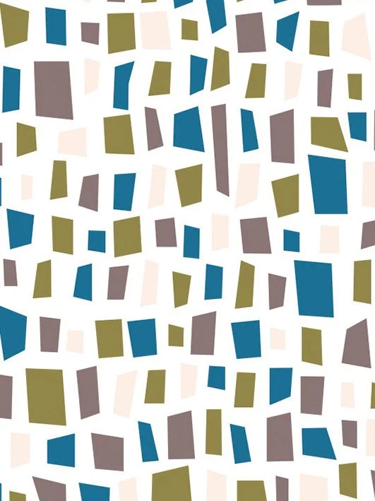 Pattern of multicolored geometric shapes including blue, gray, olive green, and light pink rectangles and trapezoids on a white background