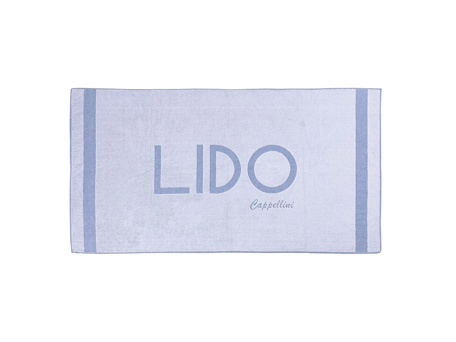 A white towel with blue borders and the word 'LIDO' written on it, along with the signature 'Cappellini'.