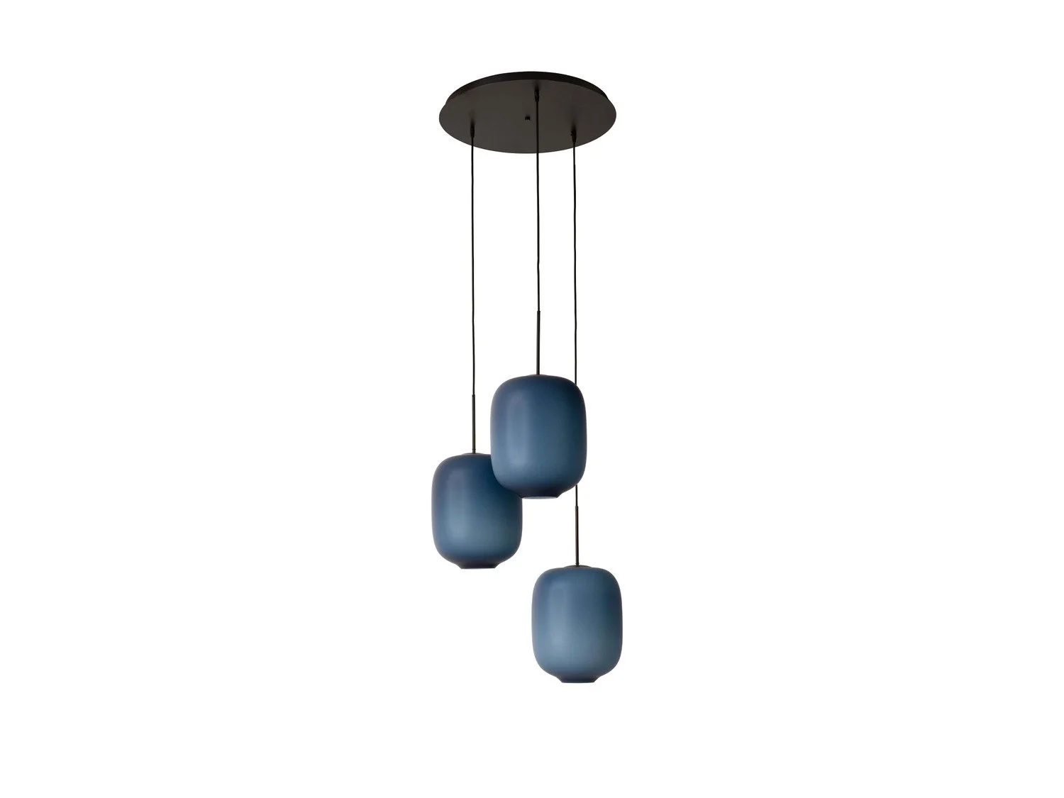 Modern pendant light fixture with three blue, rounded rectangular lampshades hanging from a black ceiling mount.
