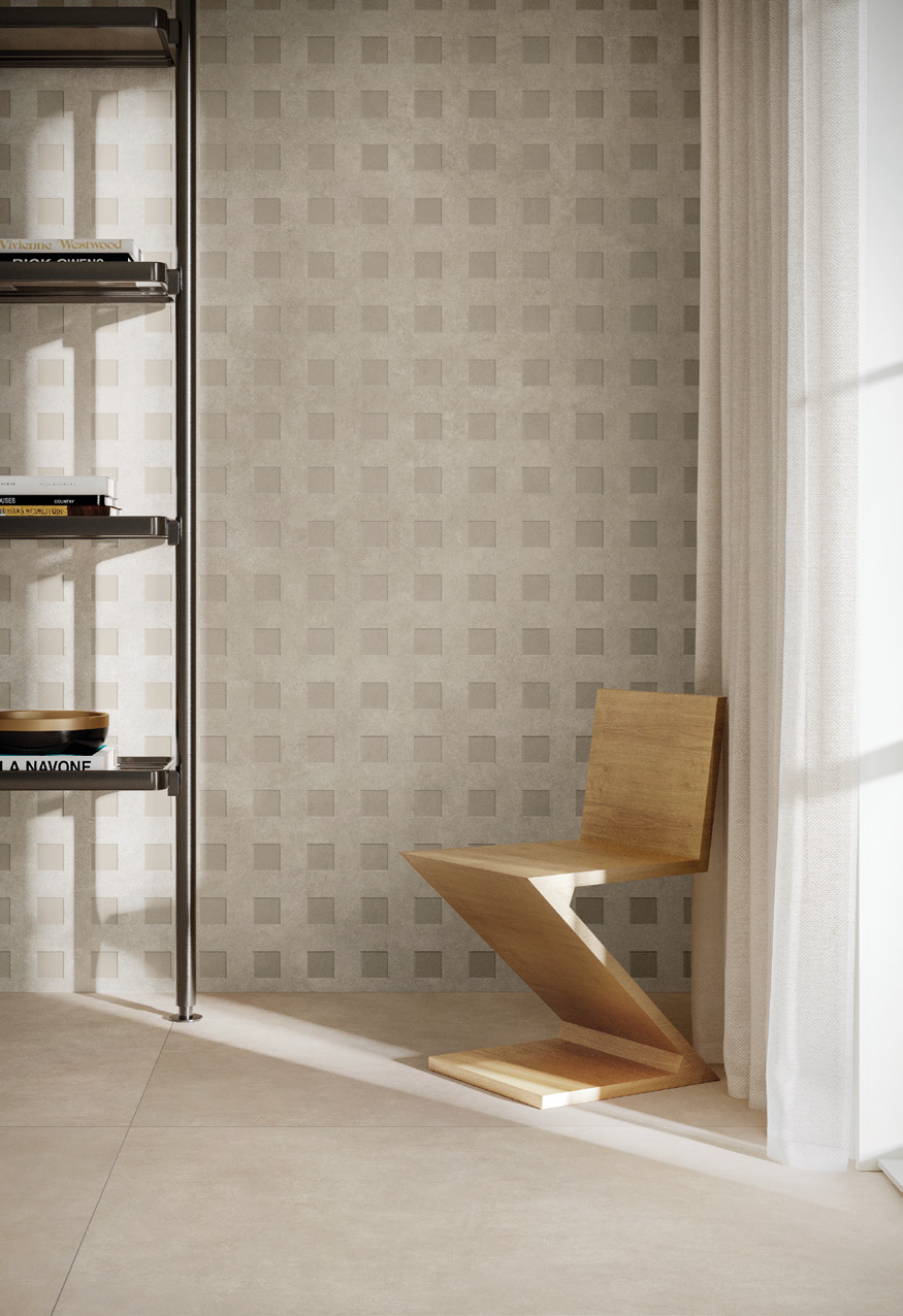 Empty modern room with beige tiled floor, patterned wallpaper, a wooden chair with a zigzag design, a metal shelf with books and dishes, and a white curtain covering a window letting in natural light.