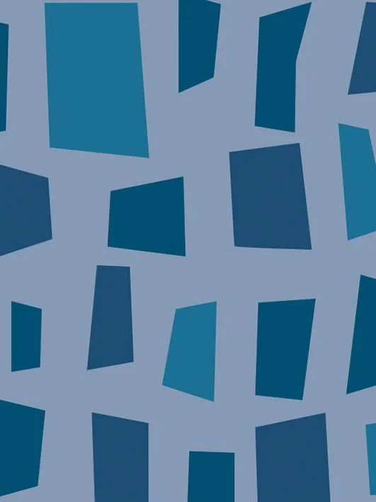 Abstract pattern of various irregular blue shapes on a light blue background.