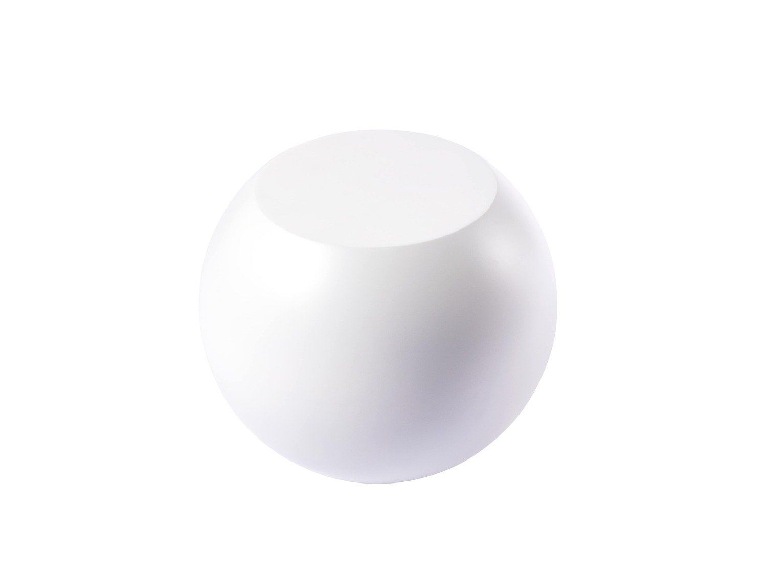 A white, spherical object with a flat top, resembling a modern minimalist table or decorative item.