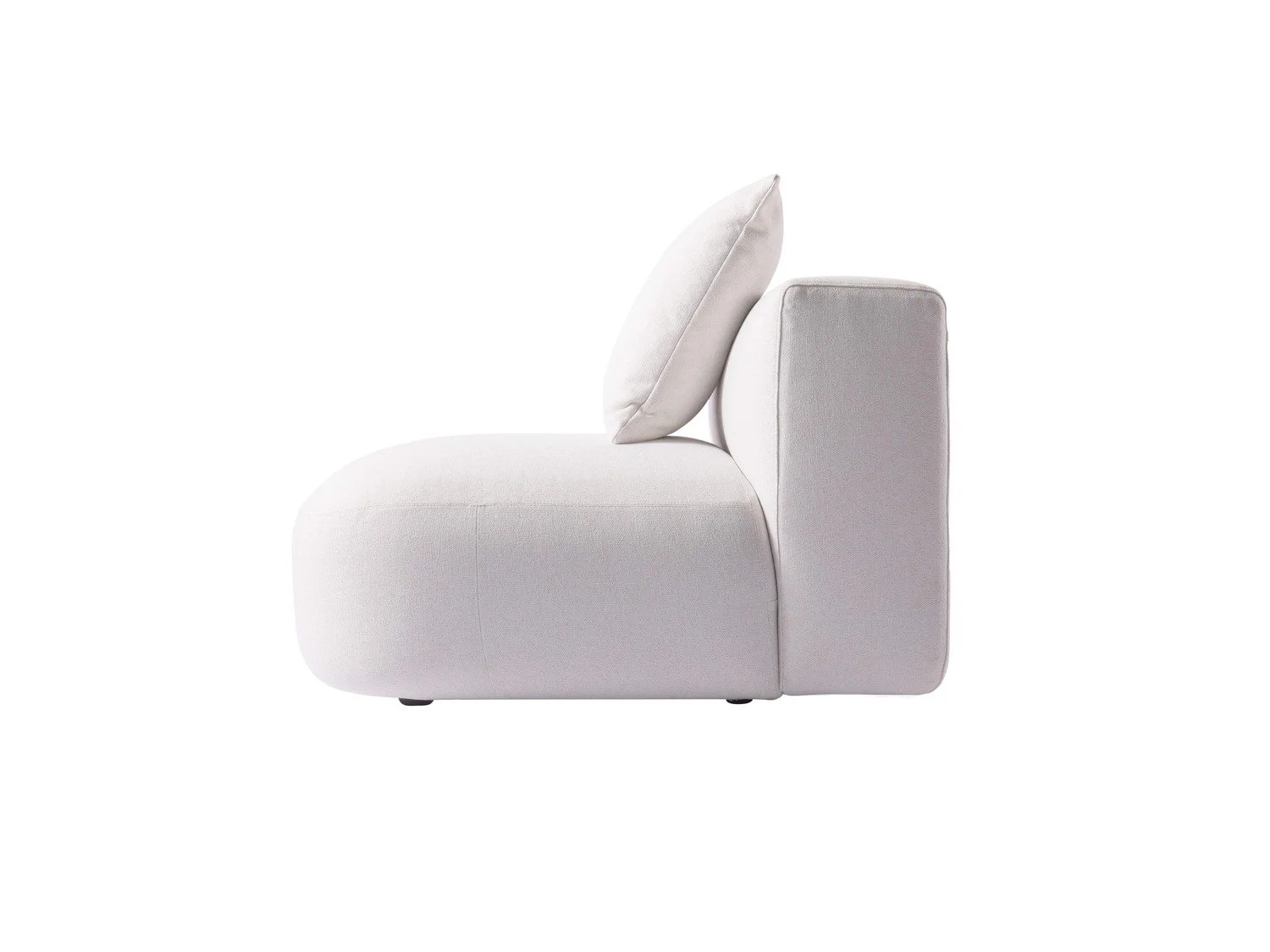 Side view of a modern, minimalist white sofa with a matching cushion against a plain white background.