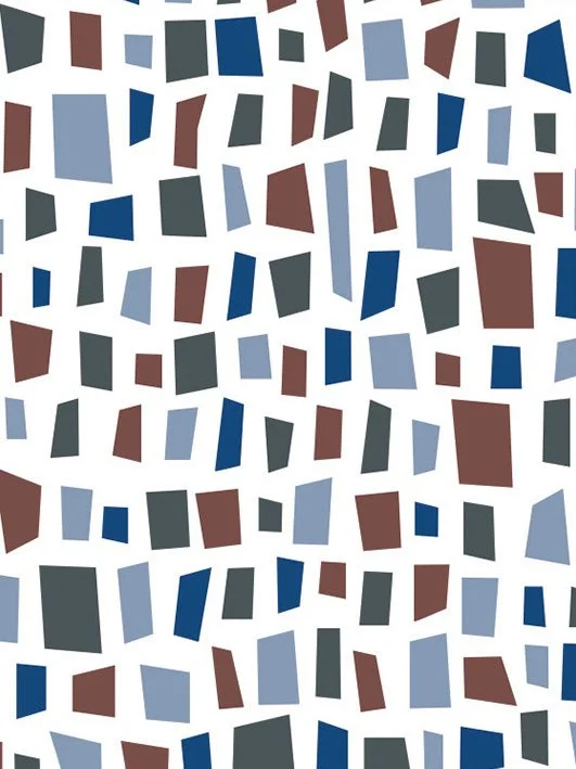 Abstract pattern of irregular rectangular shapes in shades of blue, gray, and brown on a white background.