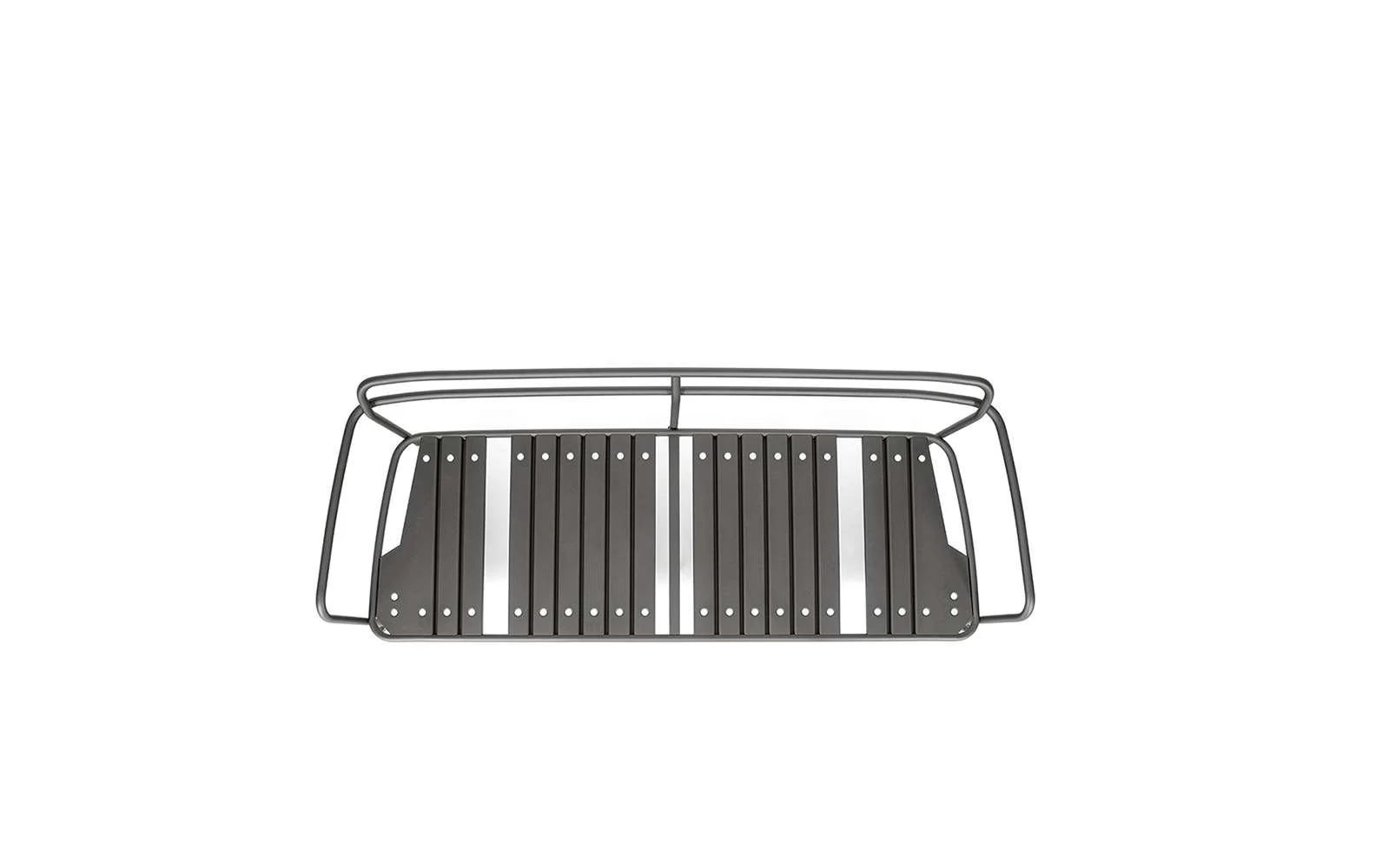 A metal luggage rack with a black slatted surface, metal frame, and four mounting holes at each corner, viewed from above.