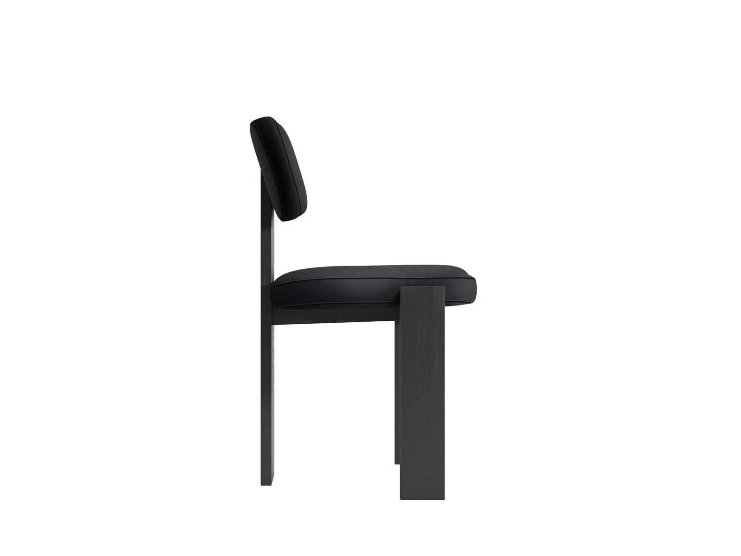 Side view of a modern black chair with a cushioned seat and backrest, featuring a unique back support attached to a vertical support, set against a plain white background.