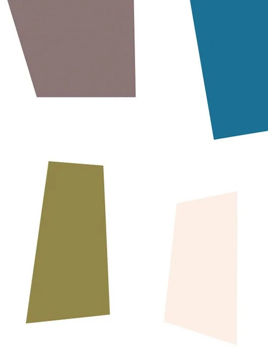 Abstract composition of irregular colored geometric shapes on a white background.