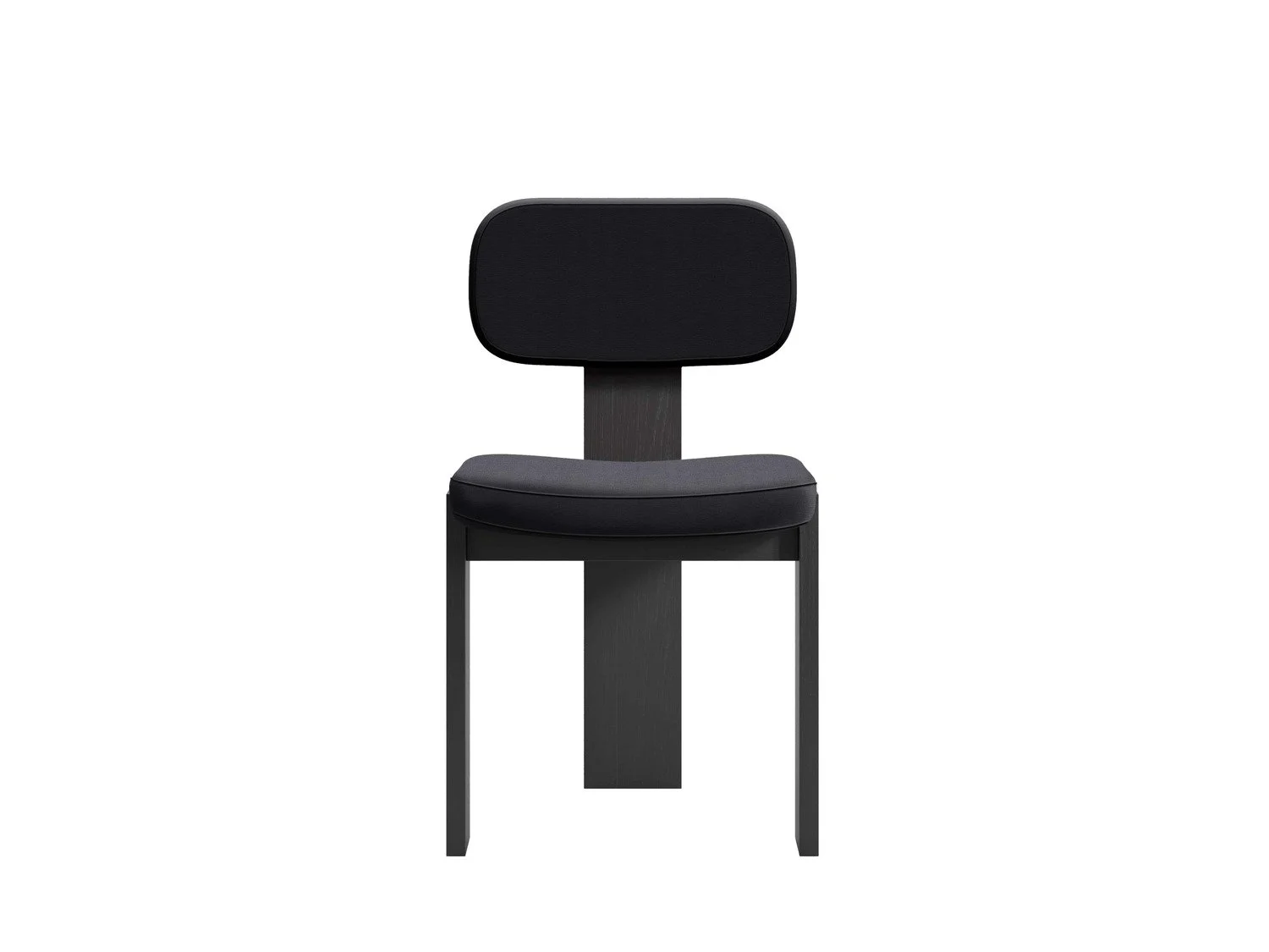 A modern black chair with a padded seat and rectangular backrest, featuring a minimalistic design.
