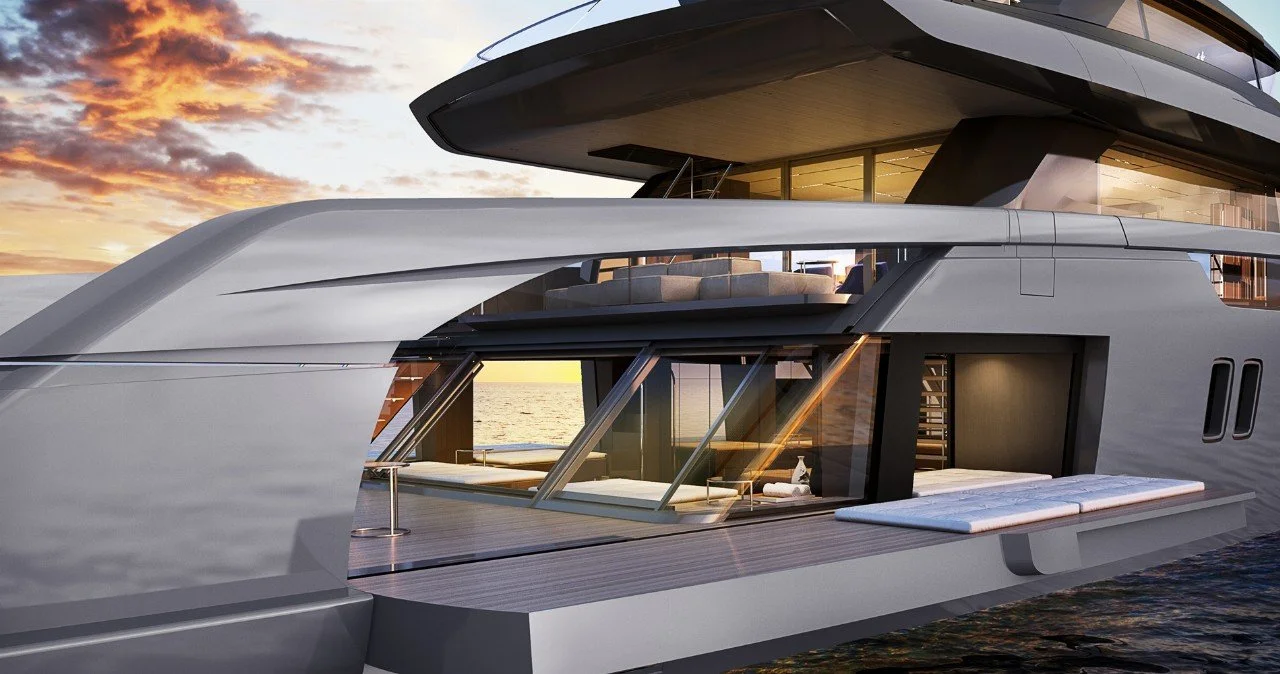 Luxury yacht on the water at sunset with a sleek modern design and large glass windows.