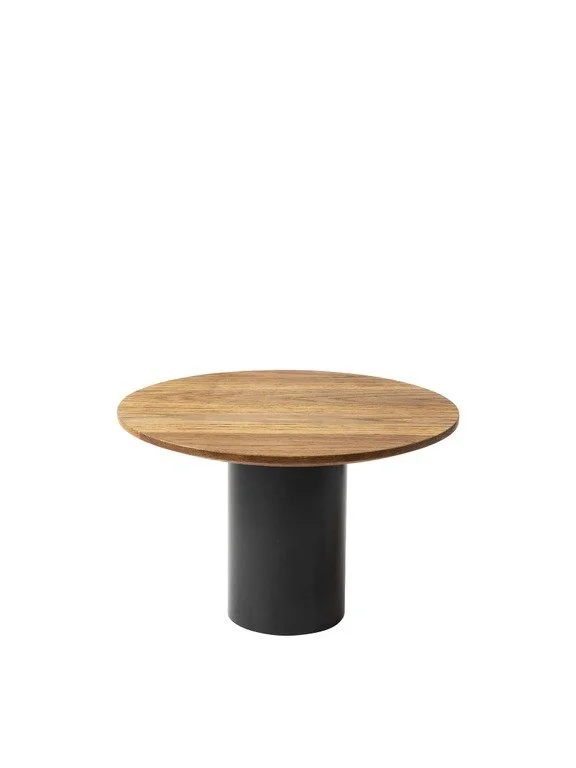 Round wooden table with black cylindrical base isolated on white background.