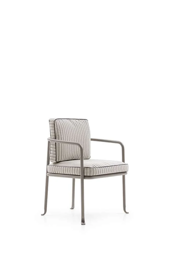A modern armchair with a metal frame and striped fabric cushion and backrest, placed against a plain white background.