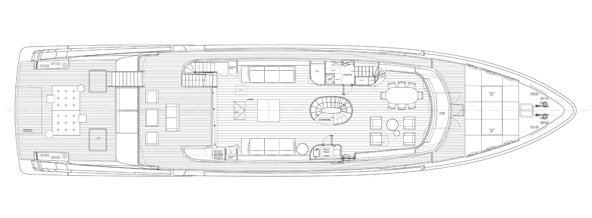 Black and white floor plan of a yacht's upper deck, showing areas for lounging, dining, outdoor storage, technical spaces, and staircases.