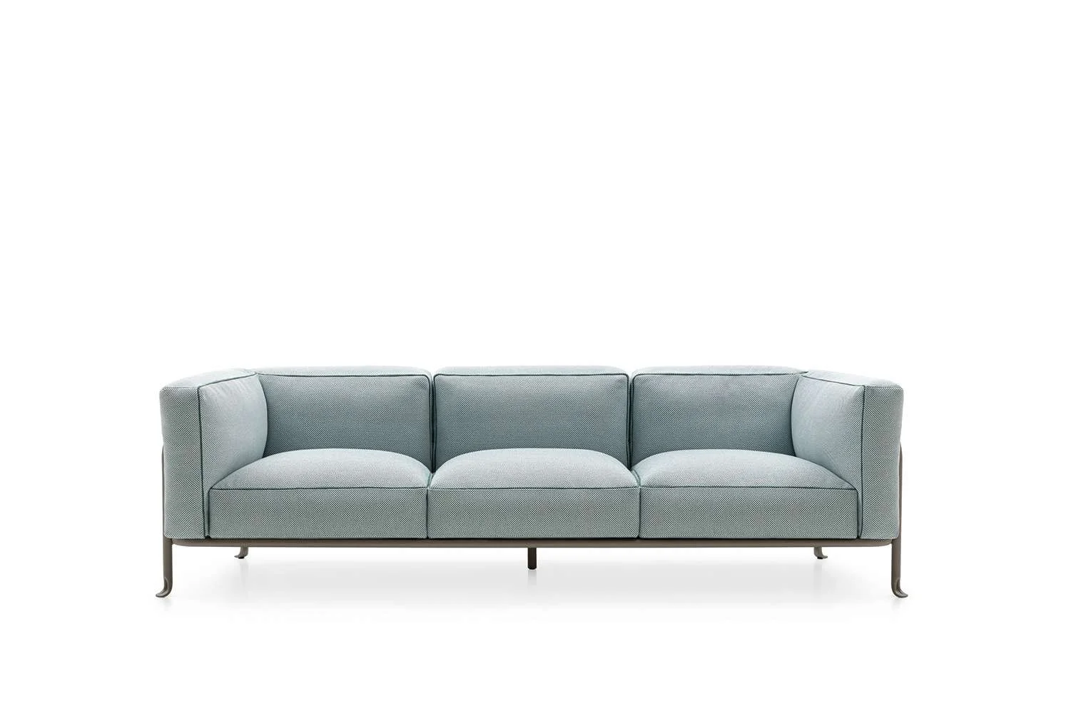 A modern, light blue upholstered sofa with four cushions, set against a plain white background.