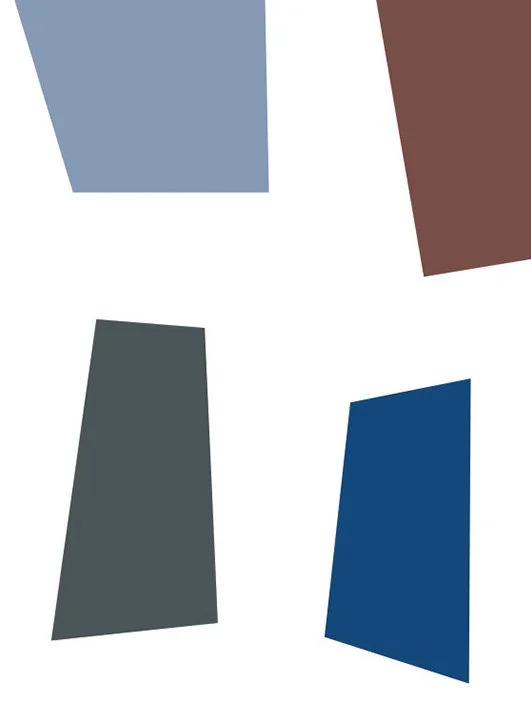 Abstract digital illustration featuring five irregularly shaped, colorful polygons on a white background.