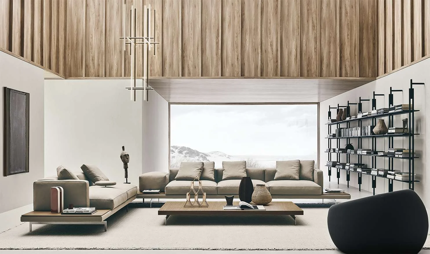 Modern living room with a large window, beige sectional sofa, black armchair, wooden coffee table with decorative objects, and a black metal bookshelf with books and vases. Wood-paneled ceiling and minimalist decor.