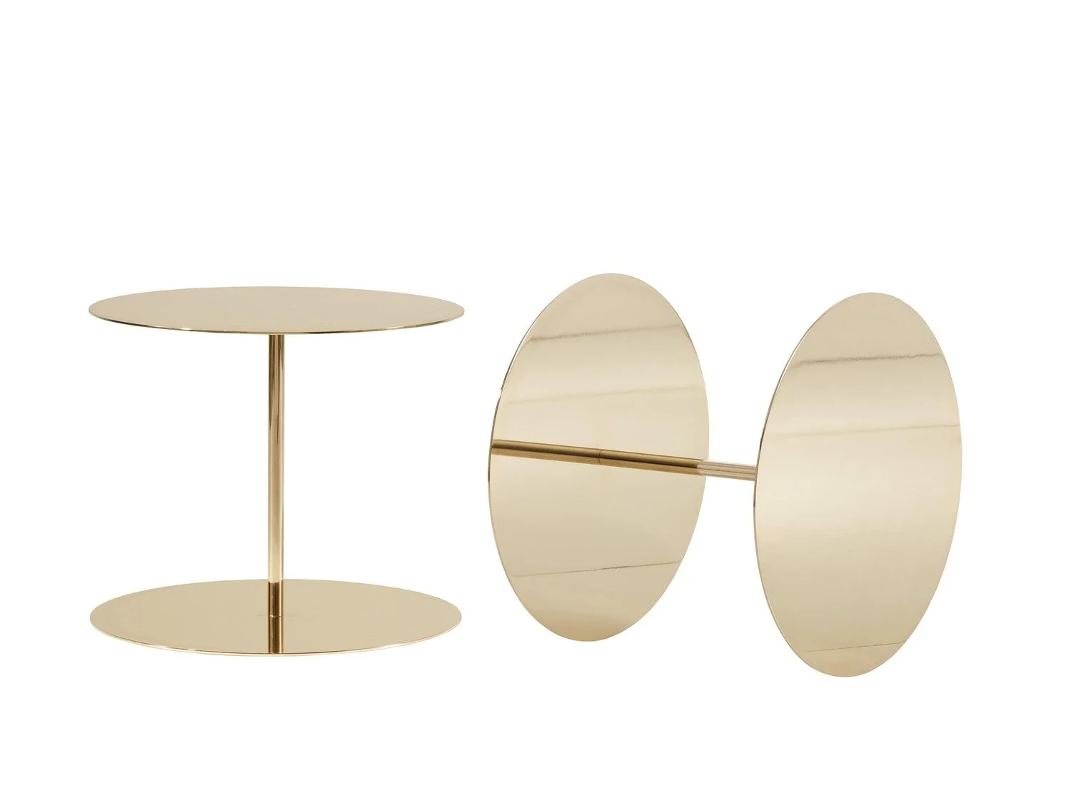 Gold-colored side tables with circular tabletops and bases, one table is upright and the other is flipped upside down.