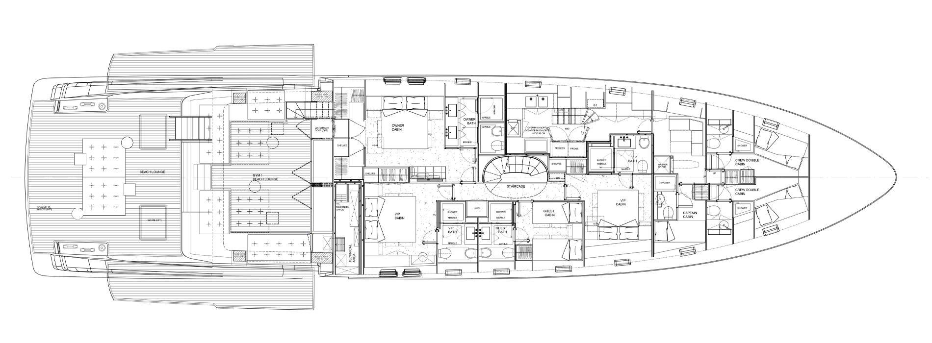 Top view of a detailed yacht floor plan showing multiple cabins, bathrooms, a staircase, lounge areas, and outdoor deck space.