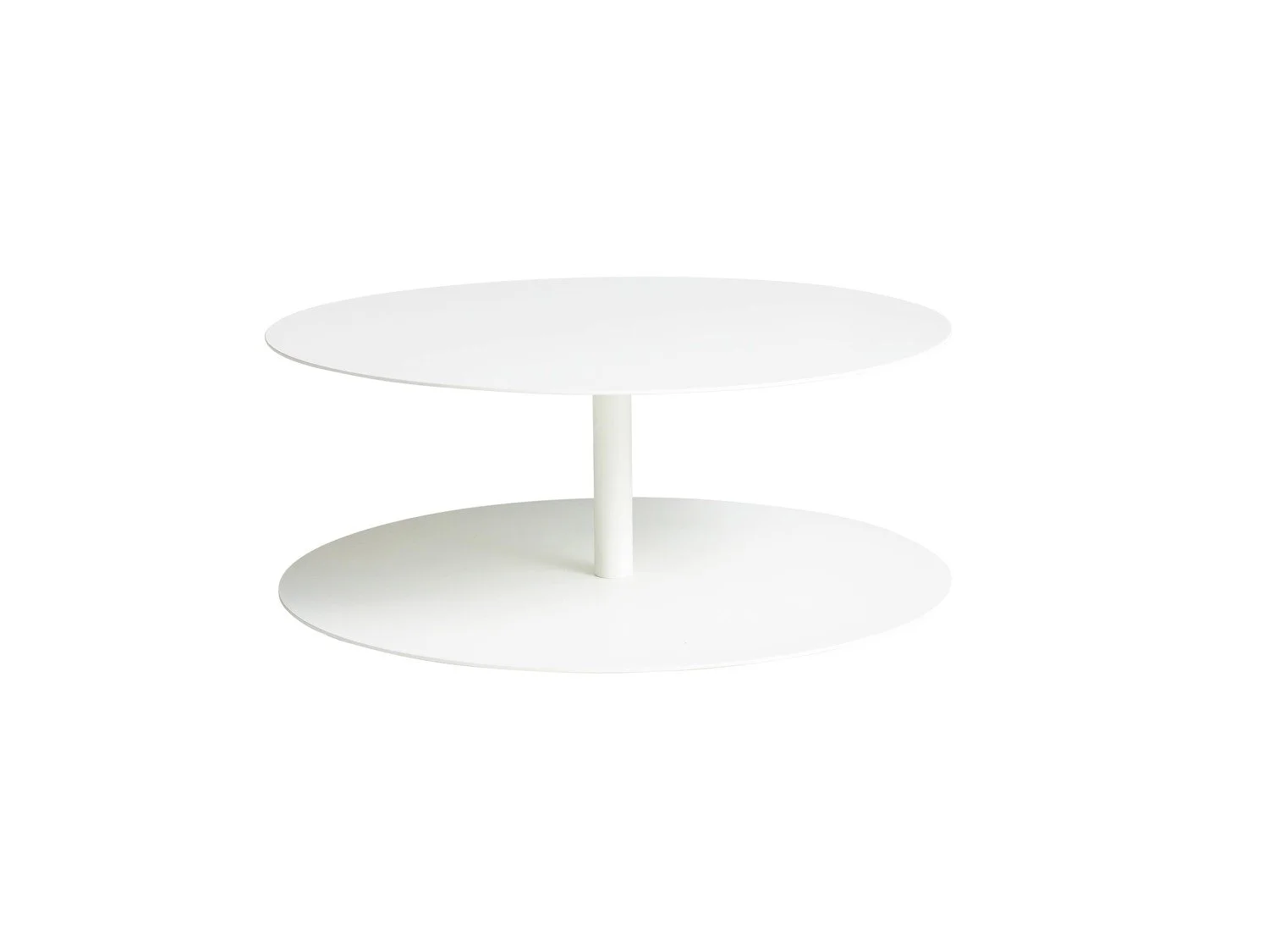 White, modern, oval, two-tier coffee table with a single central support