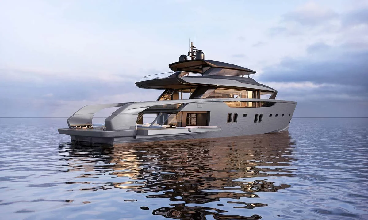 A luxury yacht floating on calm water under a cloudy sky.