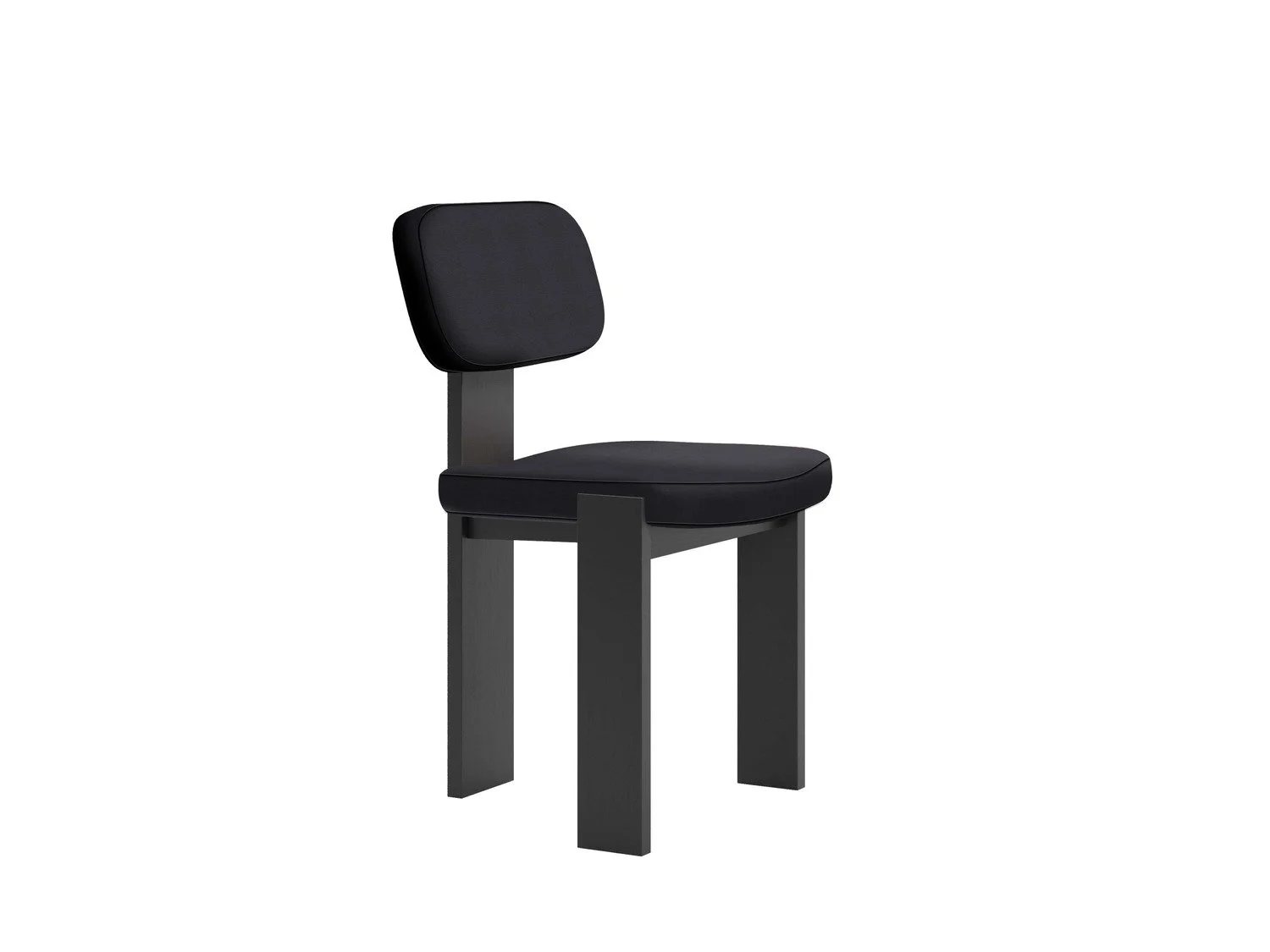 A modern black chair with a backrest and seat, supported by four sturdy legs, set against a plain white background.