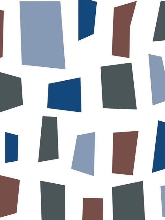 Abstract pattern of irregular shapes in shades of blue, gray, and brown on a white background.