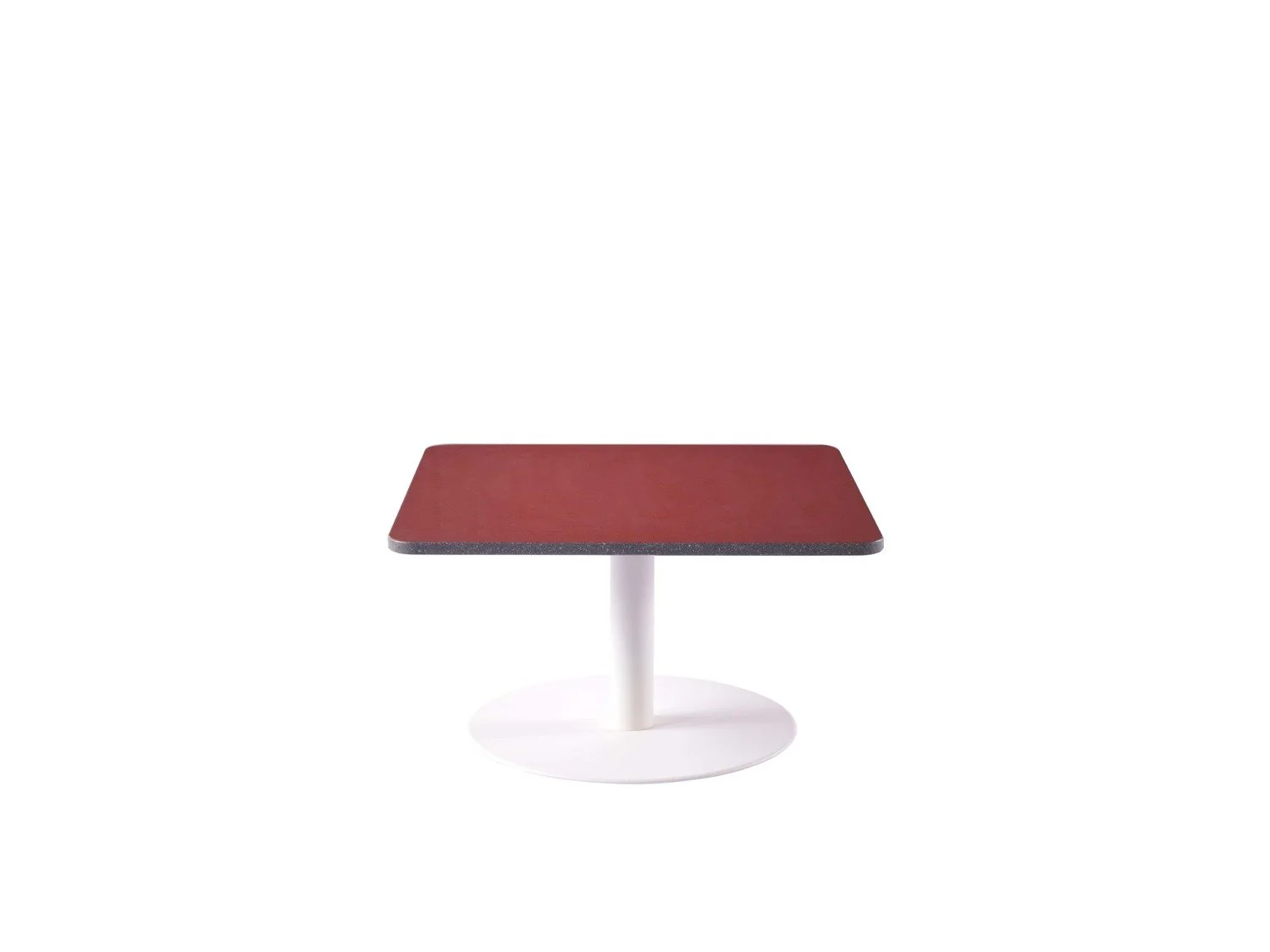 A small square table with a red top and white base isolated on white background.